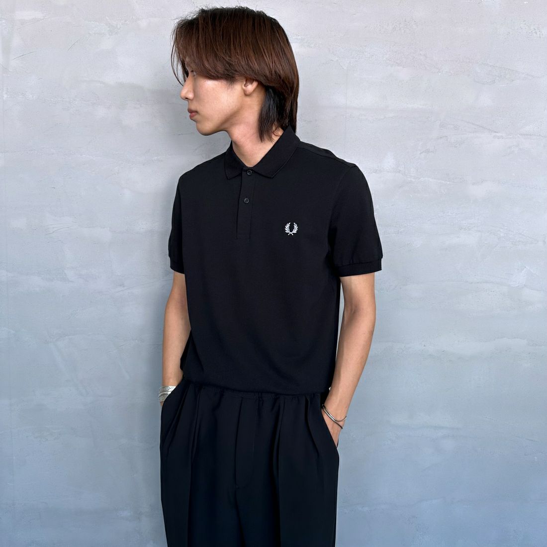 FRED PERRY [フレッドペリー] 鹿の子ポロシャツ [M6000] 350 BLACK &&モデル身長：173cm 着用サイズ：M&&