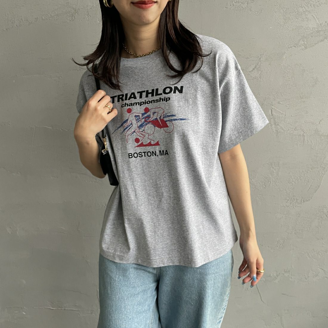 HANDTEX [ハンドテックス] 別注 スーベニアプリントTシャツ [HT6-CST-IN4-JF] TRIATHLON &&モデル身長：163cm 着用サイズ：F&&