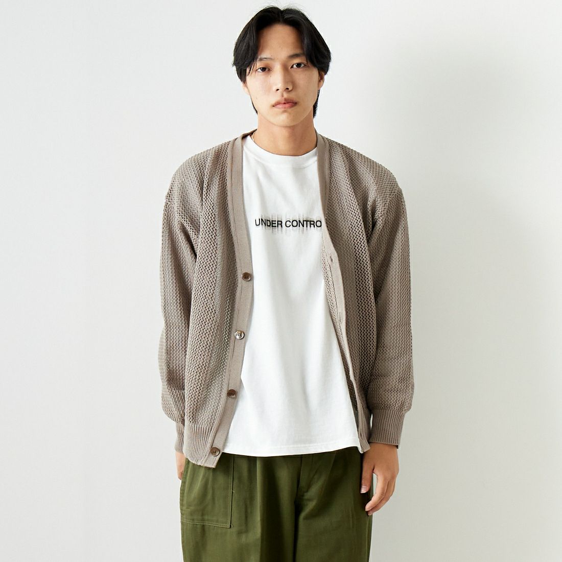 Noir Fabrik [ヌワールファブリック] コンパクトメッシュカーディガン [NF-241-015] GREYGE &&モデル身長：179cm 着用サイズ：L&&