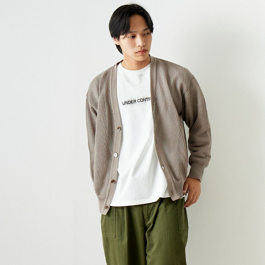 Noir Fabrik [ヌワールファブリック] コンパクトメッシュカーディガン [NF-241-015] GREYGE &&モデル身長：179cm 着用サイズ：L&&