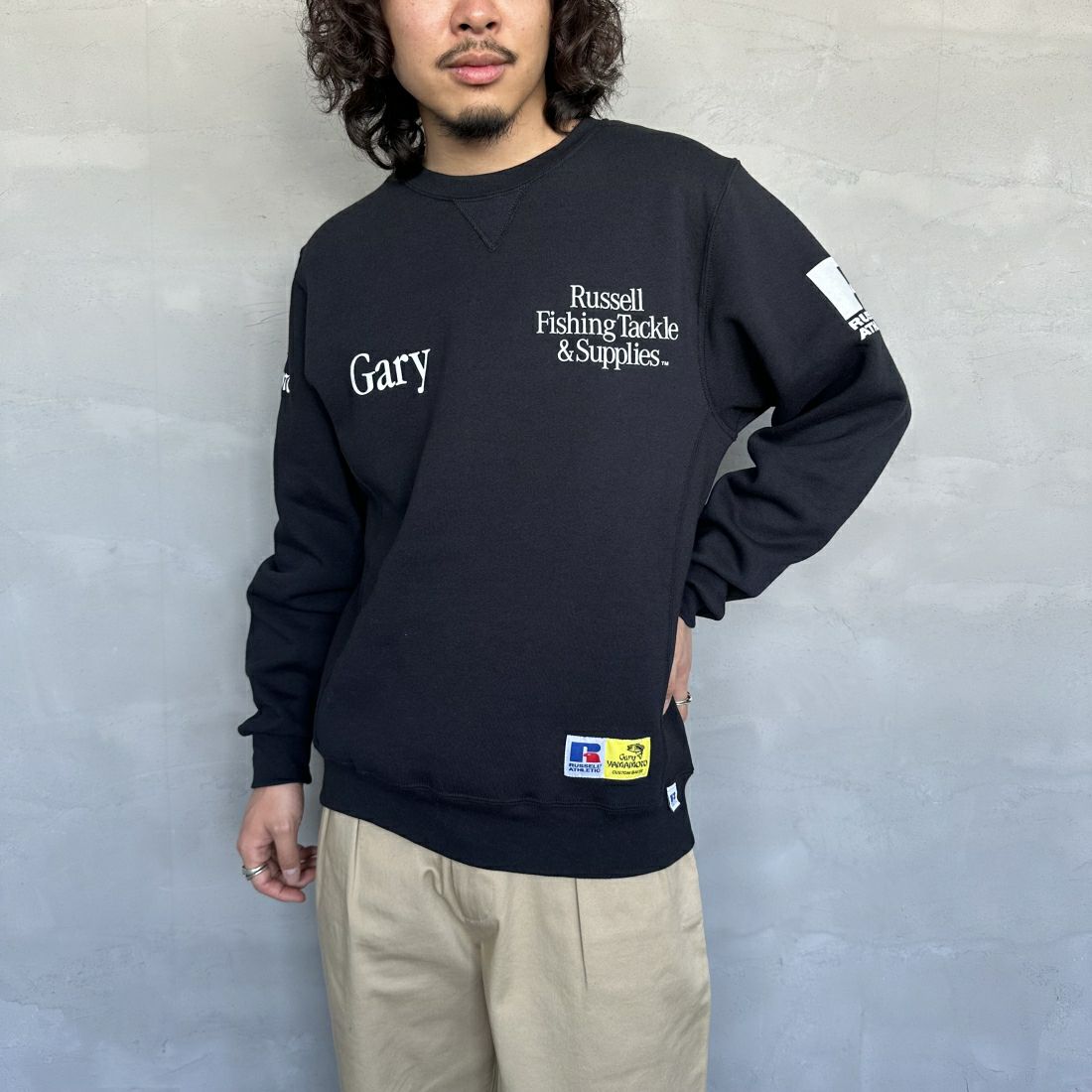 RUSSELL ATHLETIC [ラッセル アスレチック] Russell×Gary YAMAMOTO ロゴスウェット [RGY-A03] BLK &&モデル身長：173cm 着用サイズ：M&&
