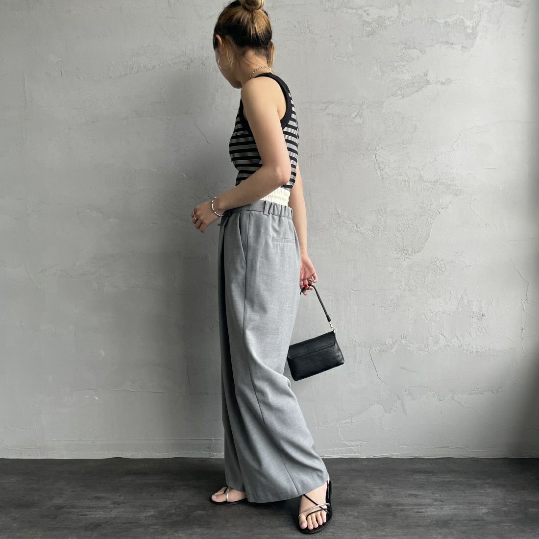 Jeans Factory Clothes [ジーンズファクトリークローズ] ダブルウエストパンツ [21241061] 001 Lｸﾞﾚｰ &&モデル身長：156cm 着用サイズ：36&&