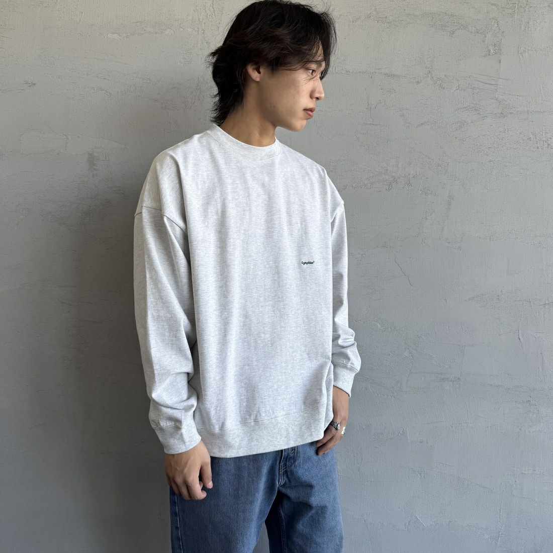 Gymphlex [ジムフレックス] ロゴ刺繍 ロングスリーブTシャツ [GY-C0102HWJ] H.LT.GREY &&モデル身長：179cm 着用サイズ：L&&