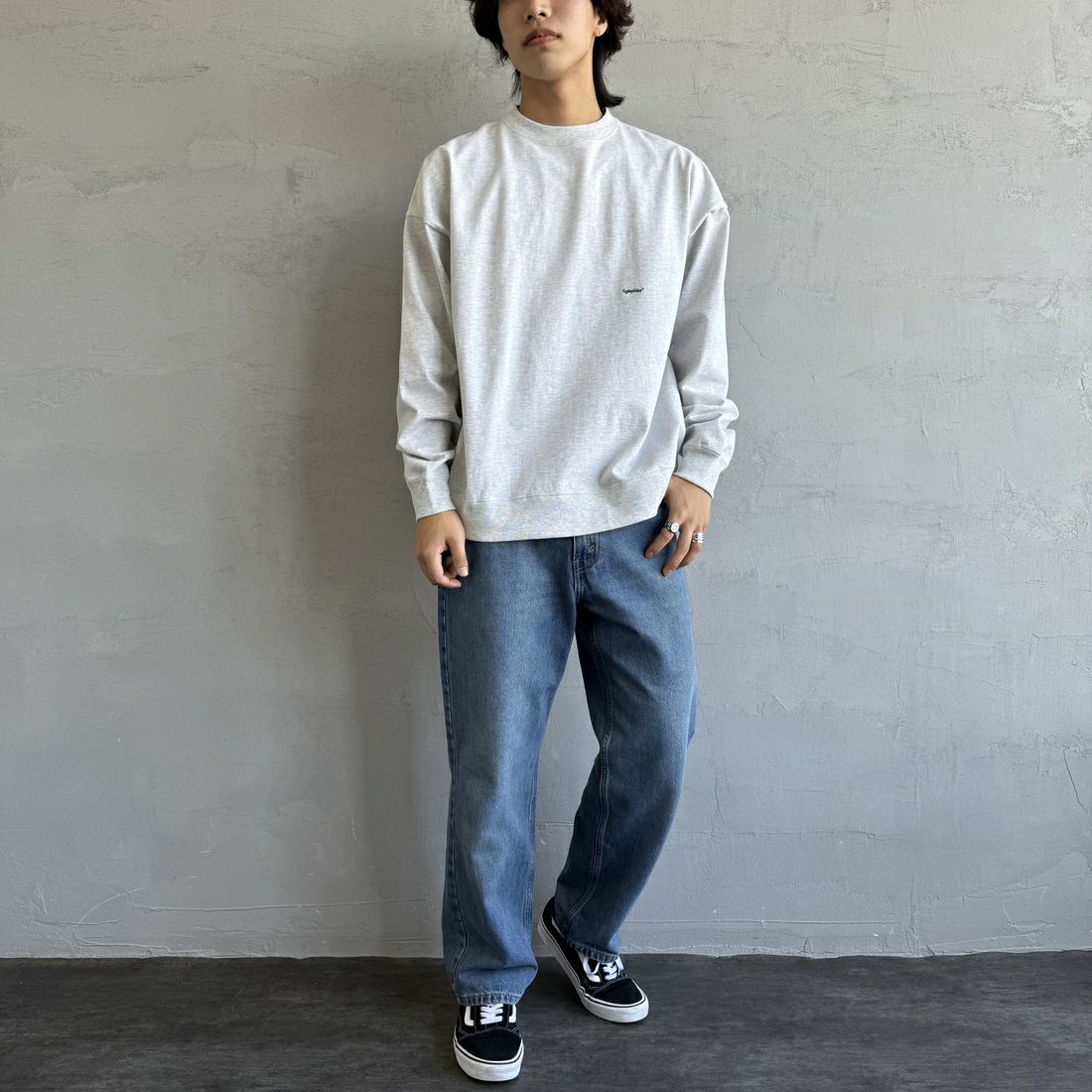 Gymphlex [ジムフレックス] ロゴ刺繍 ロングスリーブTシャツ [GY-C0102HWJ] H.LT.GREY &&モデル身長：179cm 着用サイズ：L&&