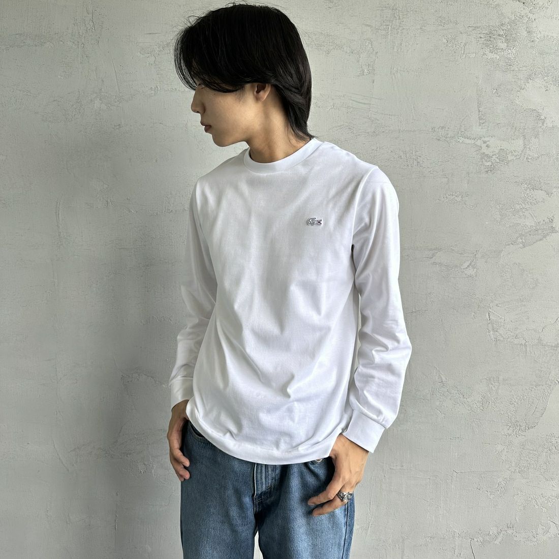 LACOSTE [ラコステ] ベーシックロングスリーブTシャツ [TH5583] 001 WHITE &&モデル身長：179cm 着用サイズ：3&&