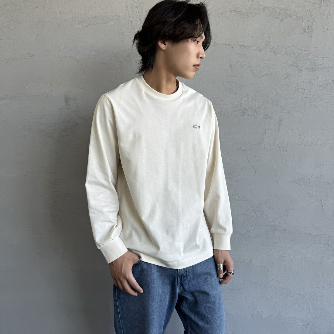 LACOSTE [ラコステ] ベーシックロングスリーブTシャツ [TH5583] XFJ ECRU &&モデル身長：179cm 着用サイズ：4&&