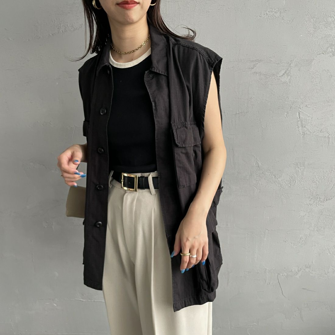ROTHCO [ロスコ] BDUノースリーブシャツジャケット [BDSH-NOSLEEVE] BLACK&&モデル身長：163cm 着用サイズ：L&&