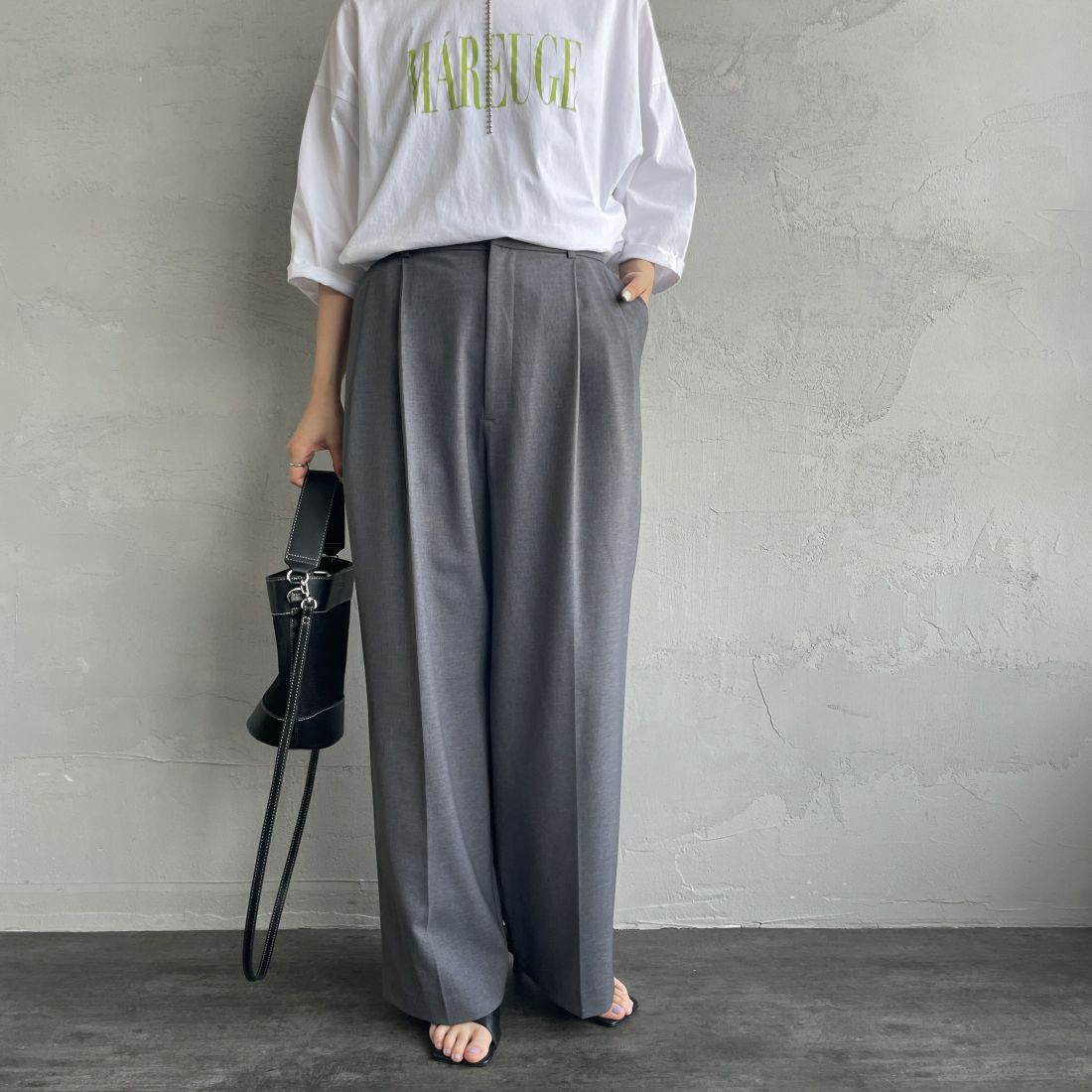 Jeans Factory Clothes [ジーンズファクトリークローズ] タックワイドパンツ [41086002] ﾁｬｺｰﾙ &&モデル身長：156cm 着用サイズ：0&&