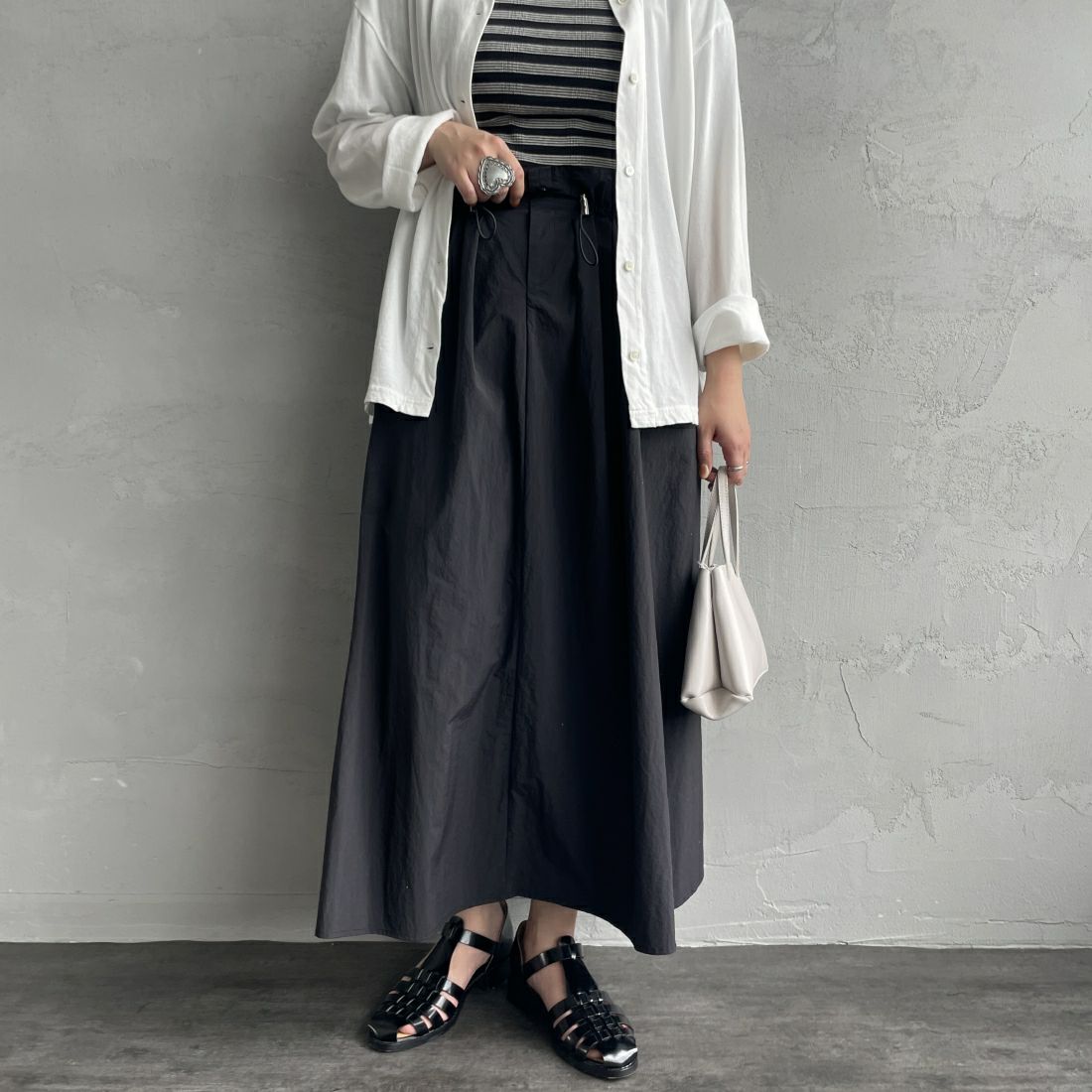 Jeans Factory Clothes [ジーンズファクトリークローズ] ドローコードギャザースカート [21241062] 004 ﾌﾞﾗｯｸ &&モデル身長：156cm 着用サイズ：F&&