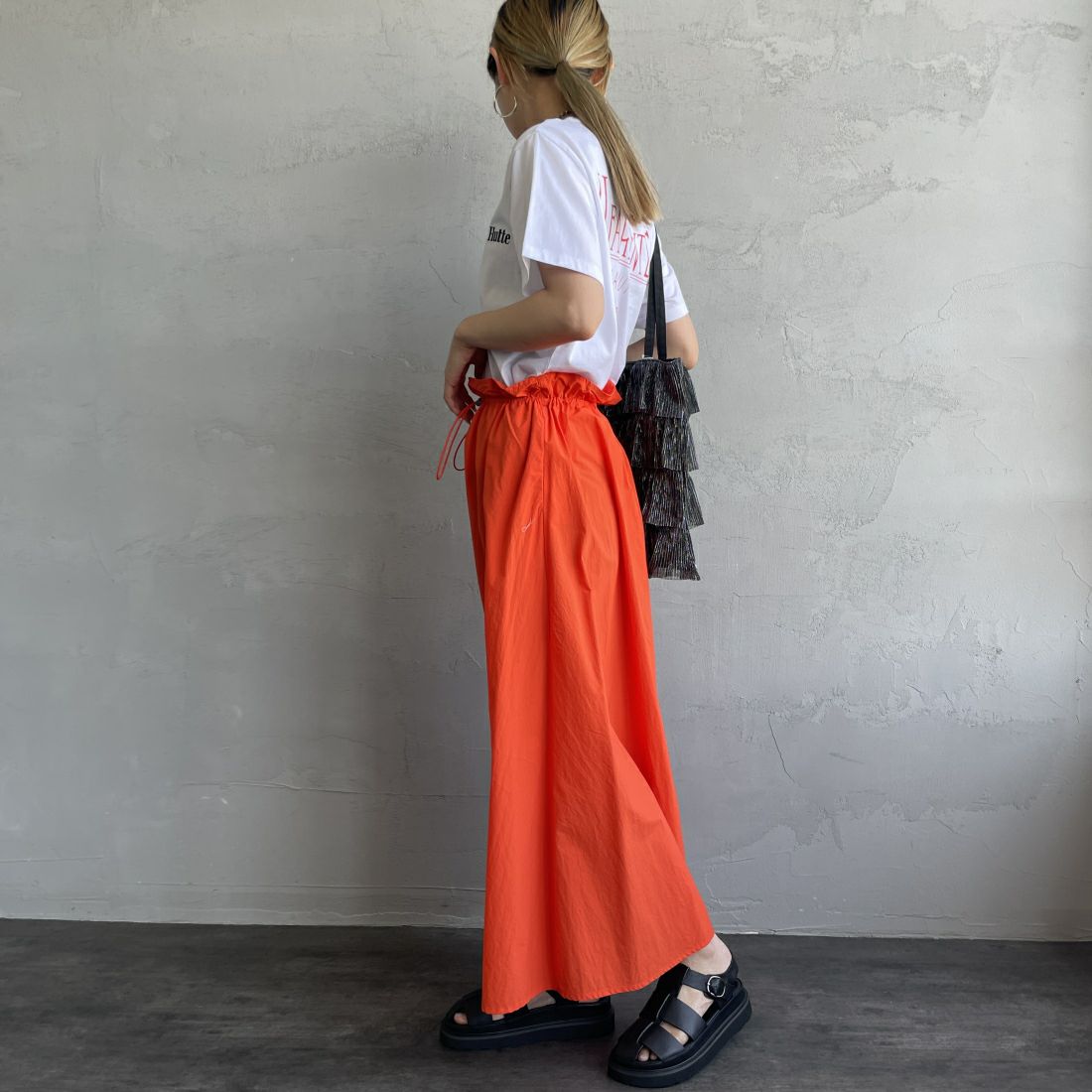 Jeans Factory Clothes [ジーンズファクトリークローズ] ドローコードギャザースカート [21241062] 020 ｵﾚﾝｼﾞ &&モデル身長：156cm 着用サイズ：F&&