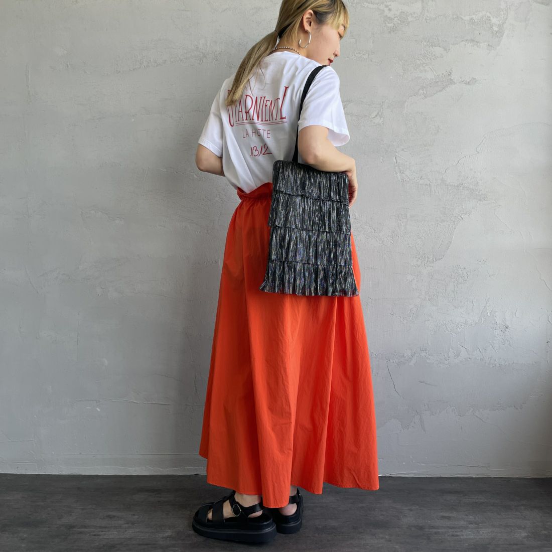 Jeans Factory Clothes [ジーンズファクトリークローズ] ドローコードギャザースカート [21241062] 020 ｵﾚﾝｼﾞ &&モデル身長：156cm 着用サイズ：F&&