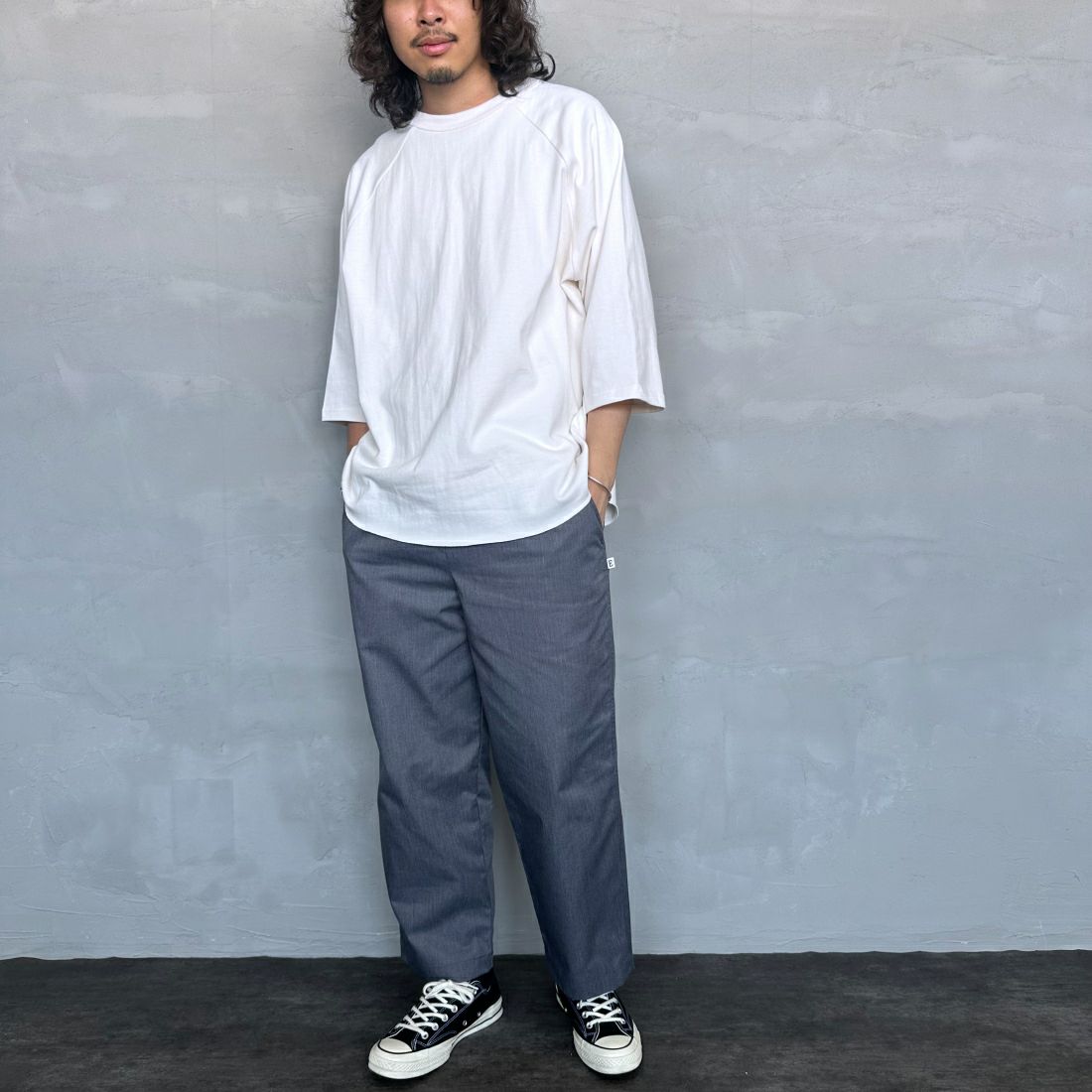 Jeans Factory Clothes [ジーンズファクトリークローズ] 20/2 ヘビーウェイトワイドベースボールTシャツ [2421-411IN] WHITE&&モデル身長：173cm 着用サイズ：M&&