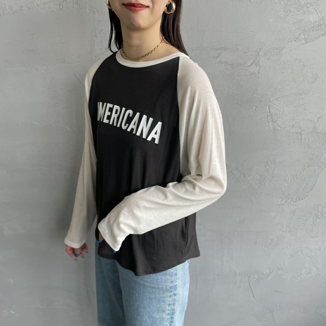 Americana [アメリカーナ] ラグランスリーブ ベースボールTシャツ [BRF-M-709A] ｽﾐｸﾛ&&モデル身長：163cm　着用サイズ：ONE SIZE&&