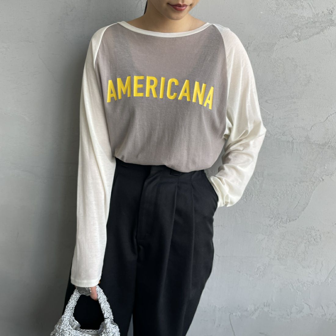 Americana [アメリカーナ] ラグランスリーブ ベースボールTシャツ [BRF-M-709A] ｸﾞﾚｰｼﾞｭ&&モデル身長：156cm　着用サイズ：ONE SIZE&&