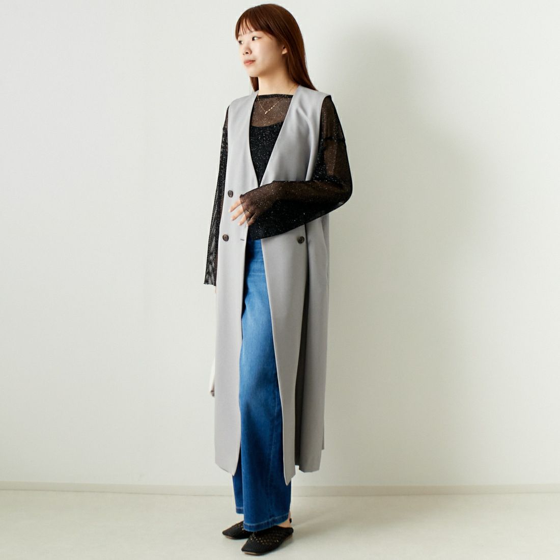 CLOCHE [クロシェ] ロングダブルボタンジレ [41085002] 77 ｸﾞﾚｰ &&モデル身長：167cm 着用サイズ：2&&