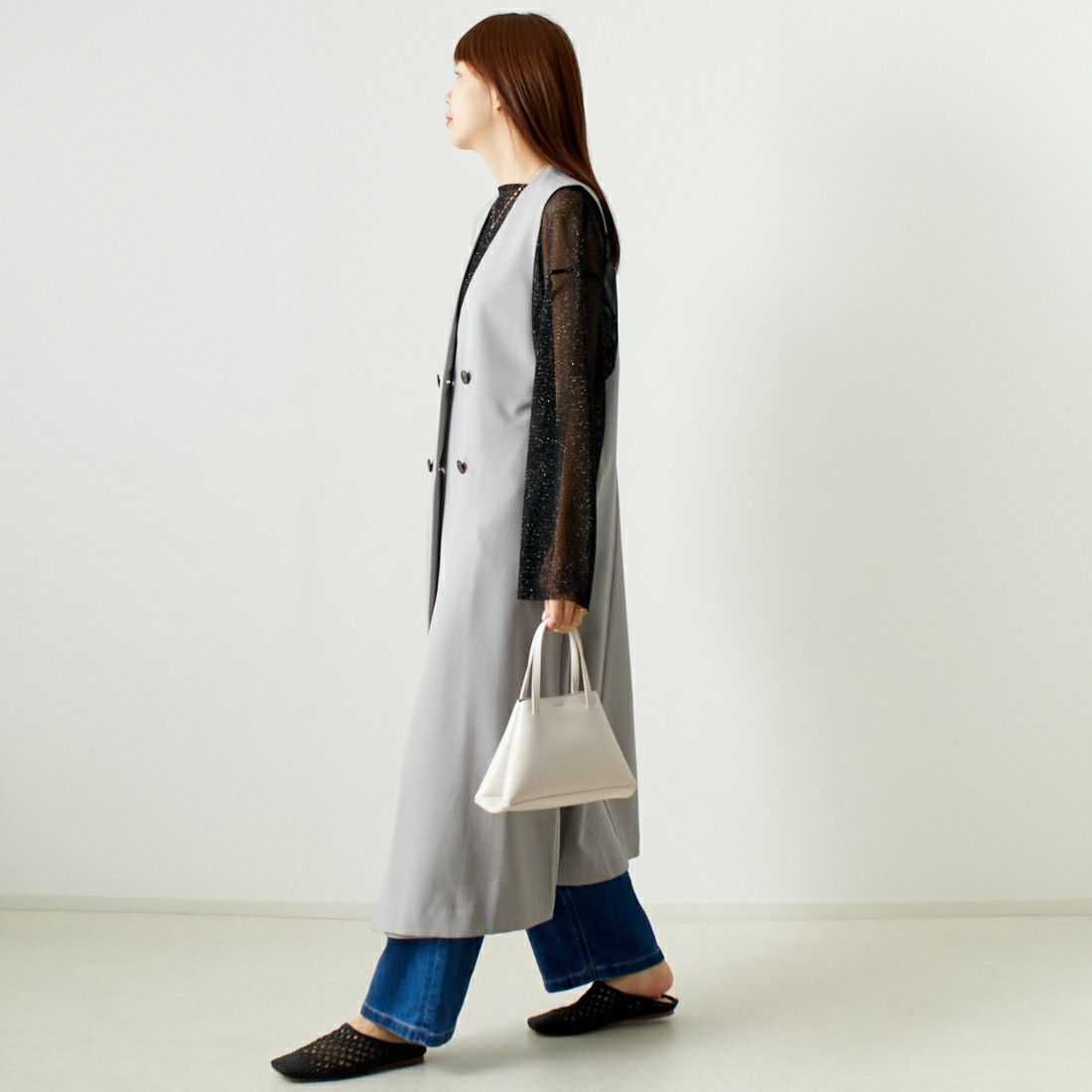 CLOCHE [クロシェ] ロングダブルボタンジレ [41085002] 77 ｸﾞﾚｰ &&モデル身長：167cm 着用サイズ：2&&