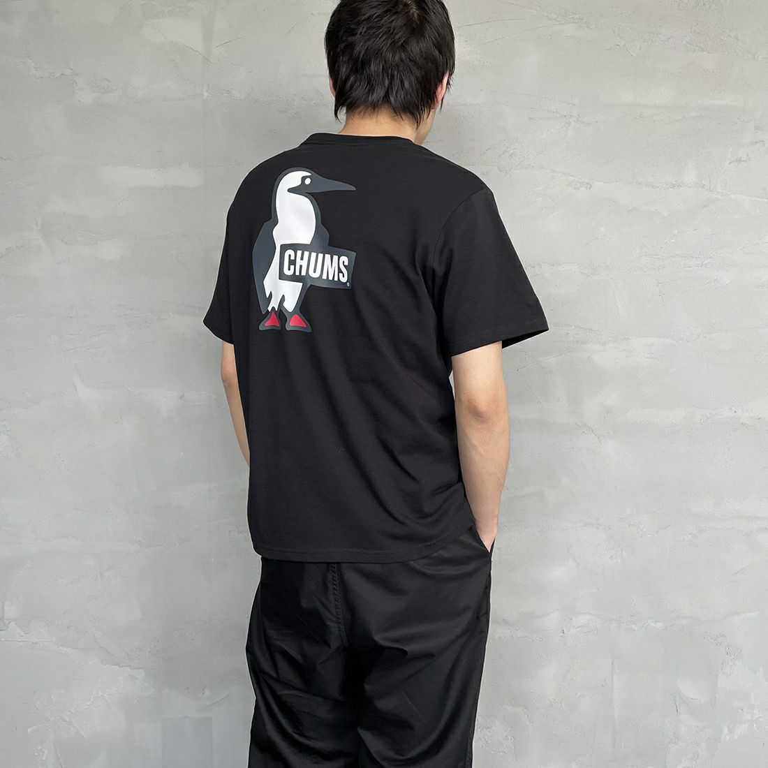 CHUMS [チャムス] ブービーロゴTシャツ [CH01-2279] K001 BLACK &&モデル身長：173cm 着用サイズ：M&&