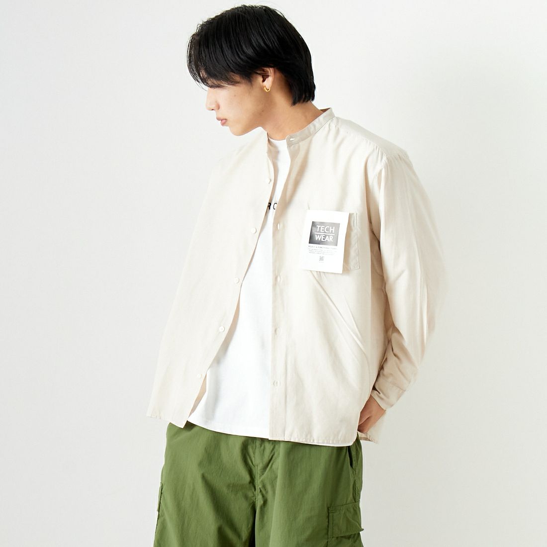 Jeans Factory Clothes [ジーンズファクトリークローズ] ロングスリーブ テックリネンバンドカラーシャツ [EPC-41100] 1 O.WHITE &&モデル身長：179cm 着用サイズ：M&&