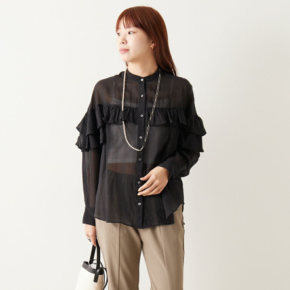 CLOCHE [クロシェ] シアーフリルブラウス [41285645] 88 ﾌﾞﾗｯｸ &&モデル身長：167cm 着用サイズ：2&&