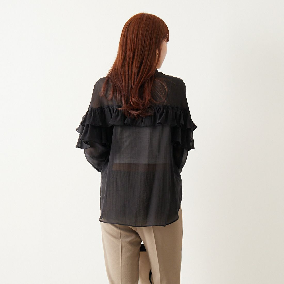 CLOCHE [クロシェ] シアーフリルブラウス [41285645] 88 ﾌﾞﾗｯｸ &&モデル身長：167cm 着用サイズ：2&&