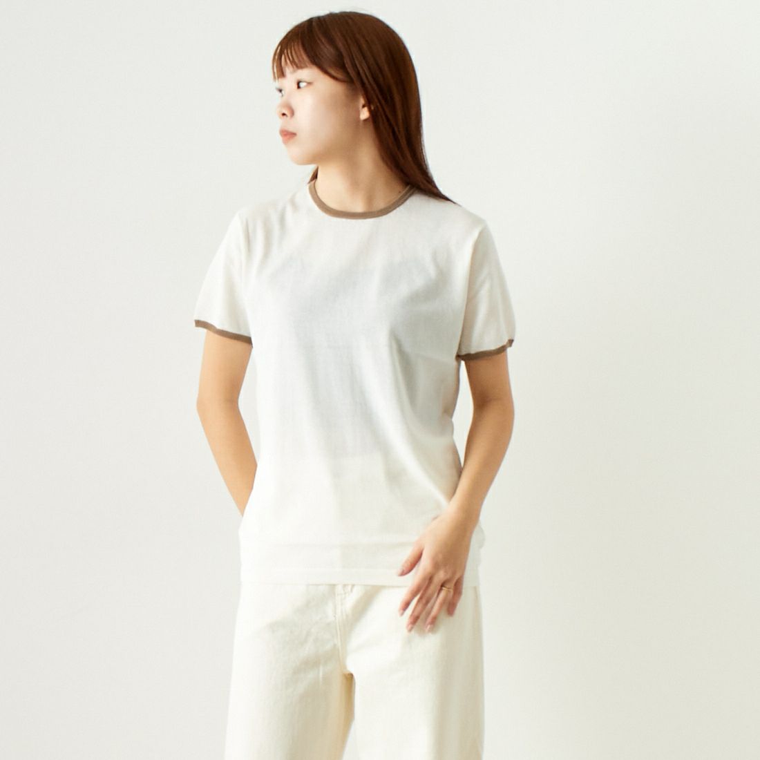 Jeans Factory Clothes [ジーンズファクトリークローズ] シアー配色半袖ニット [11242830] ｵﾌ &&モデル身長：167cm 着用サイズ：F&&