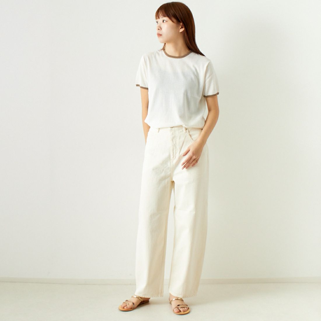 Jeans Factory Clothes [ジーンズファクトリークローズ] シアー配色半袖ニット [11242830] ｵﾌ &&モデル身長：167cm 着用サイズ：F&&