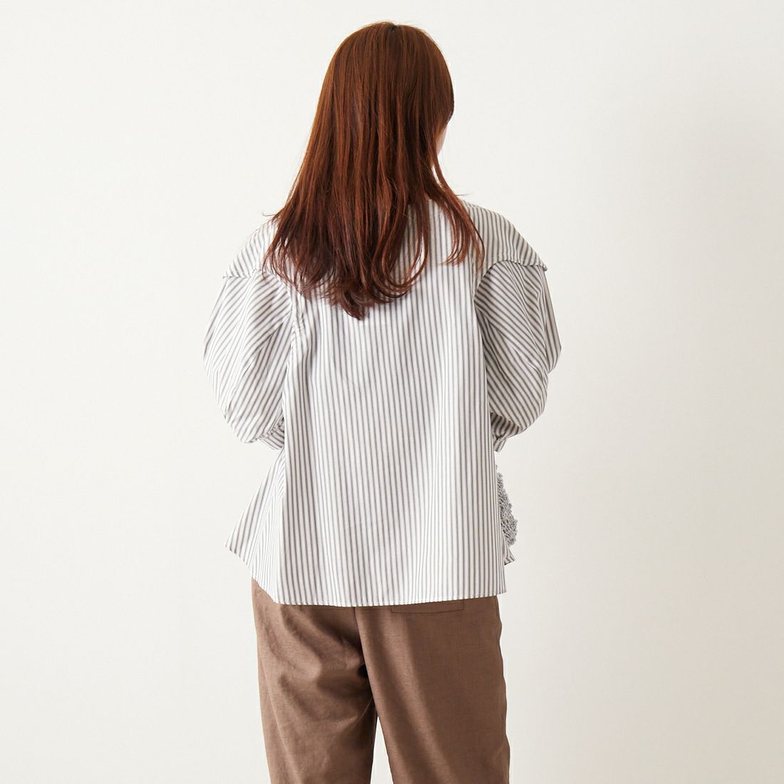 Jf Ready Made [ジェイエフレディメイド] ボリュームスリーブフレアブラウス [4124210] ｽﾄﾗｲﾌﾟ &&モデル身長：167cm 着用サイズ：F&&