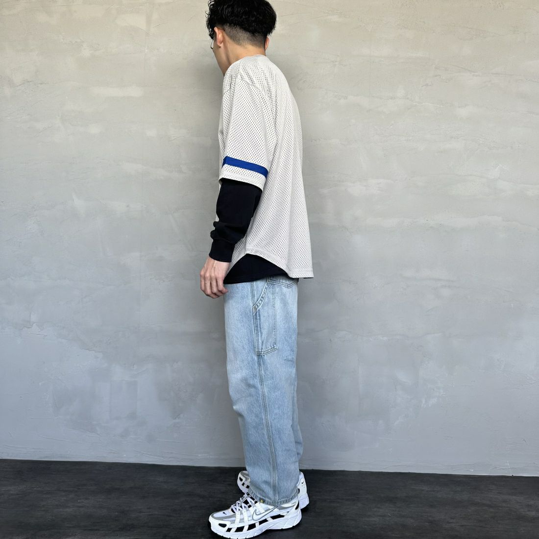 Fanatics [ファナティクス] 別注 MLBロゴ ヘンリーネックメッシュTシャツ [ML2124SS1-JF] GRAY/LA &&モデル身長：168cm 着用サイズ：M&&