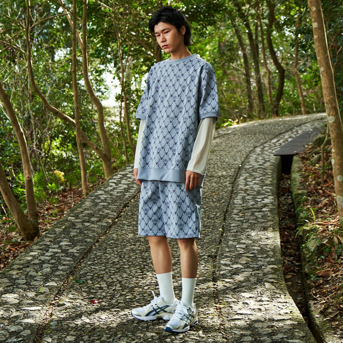 South2West8 [サウスツーウエストエイト] 別注 ストリングスウェットショートパンツ [MR1013-JF] GREY &&モデル身長：182cm 着用サイズ：M&&