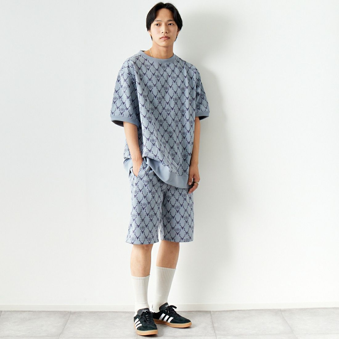 South2West8 [サウスツーウエストエイト] 別注 ストリングスウェットショートパンツ [MR1013-JF] GREY &&モデル身長：179cm 着用サイズ：M&&