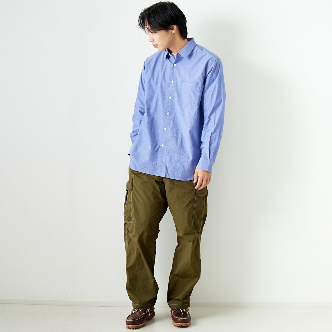 Noir Fabrik [ヌワールファブリック] シャンブレーワッシャーベーシックシャツ [BN0123-401] ﾛｲﾔﾙﾌﾞﾙｰ &&モデル身長：179cm 着用サイズ：M&&