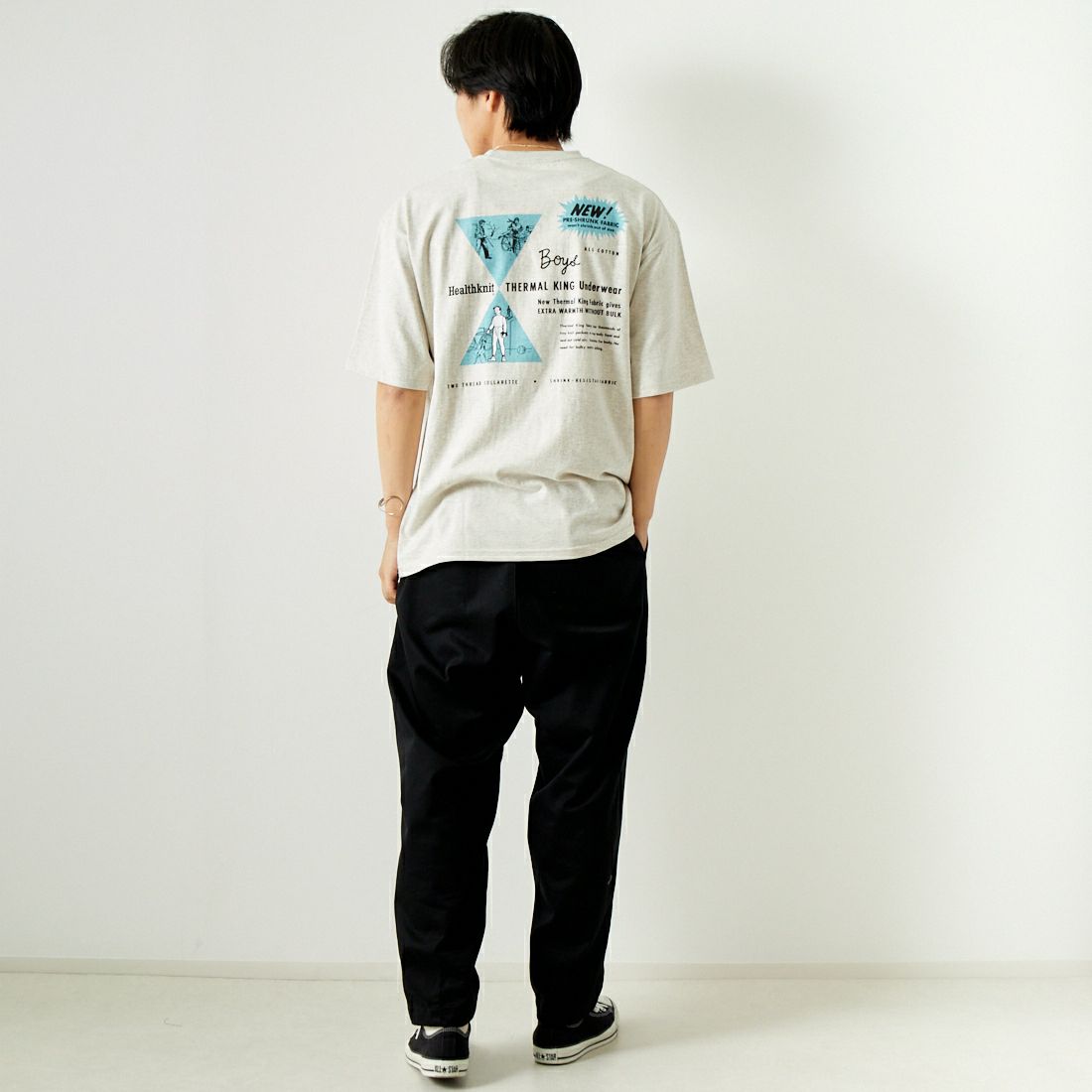 Health knit [ヘルスニット] プリントTシャツ [HR24S-M011] OATME&&モデル身長：179cm 着用サイズ：L&&AL