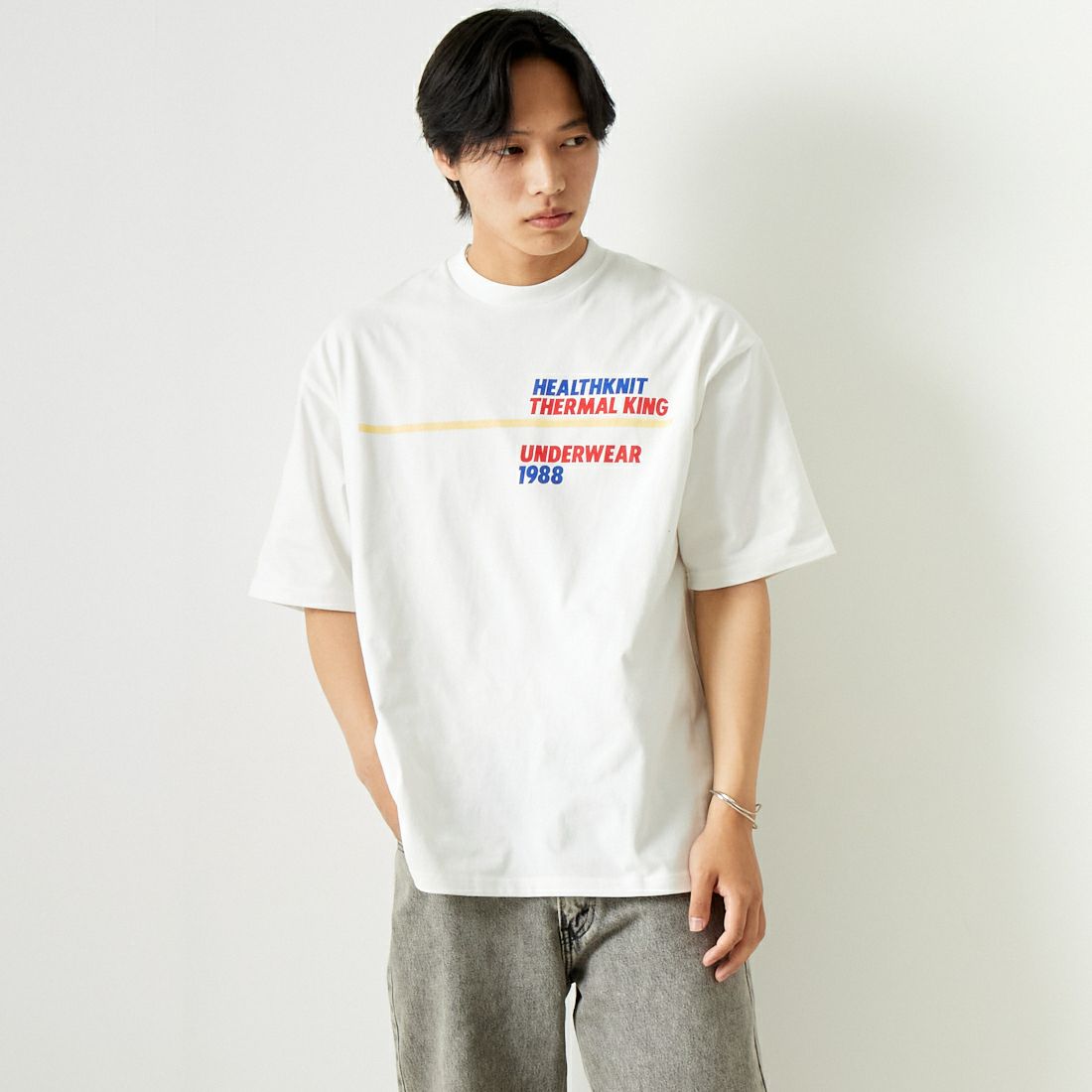 Health knit [ヘルスニット] プリントTシャツ [HR24S-M012] WHITE &&モデル身長：179cm 着用サイズ：L&&