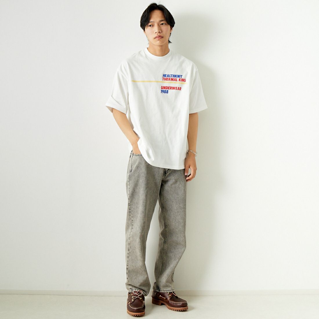 Health knit [ヘルスニット] プリントTシャツ [HR24S-M012] WHITE &&モデル身長：179cm 着用サイズ：L&&