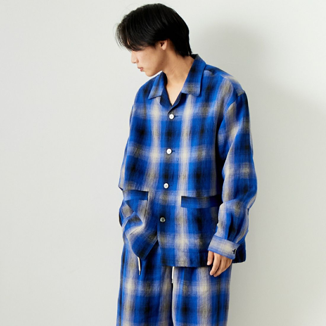 ATELIER BETON [アトリエベトン] リネンチェック シャツブルゾン [241-10D] BLUE CHK &&モデル身長：179cm 着用サイズ：4&&