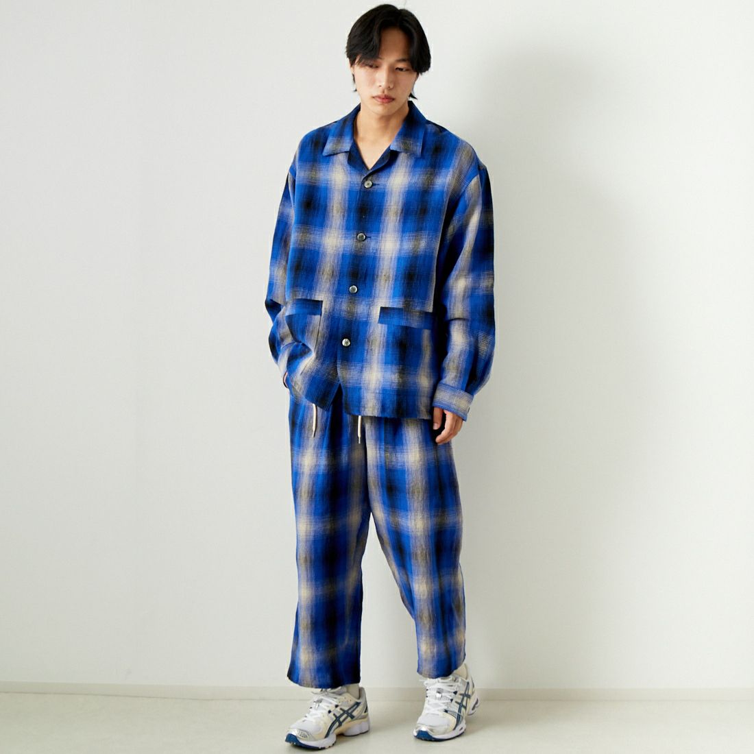 ATELIER BETON [アトリエベトン] リネンチェック シャツブルゾン [241-10D] BLUE CHK &&モデル身長：179cm 着用サイズ：4&&