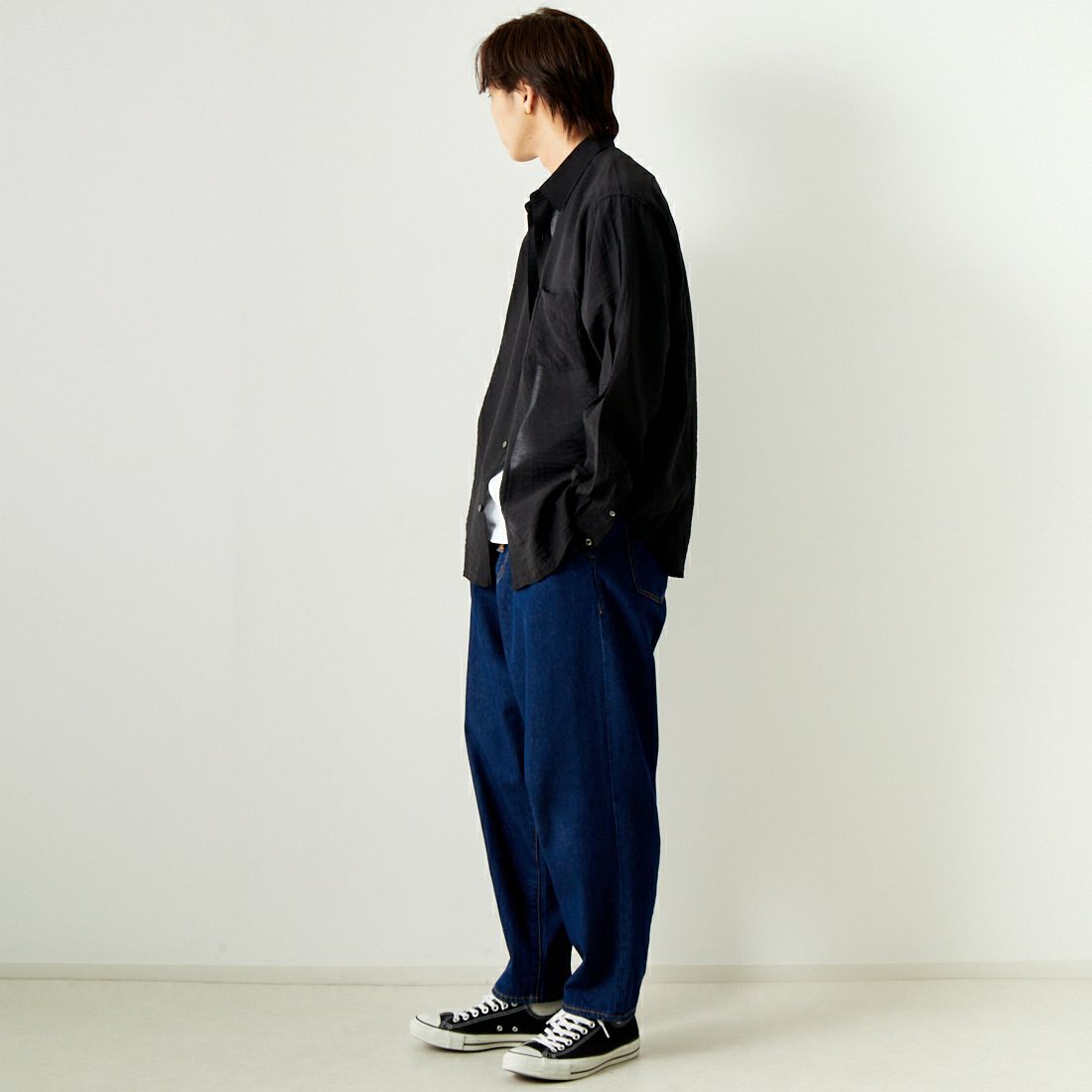 Noir Fabrik [ヌワールファブリック] シアテンリネンロングスリーブシャツ [JFCM-PS42-02] BLACK &&モデル身長：179cm 着用サイズ：L&&