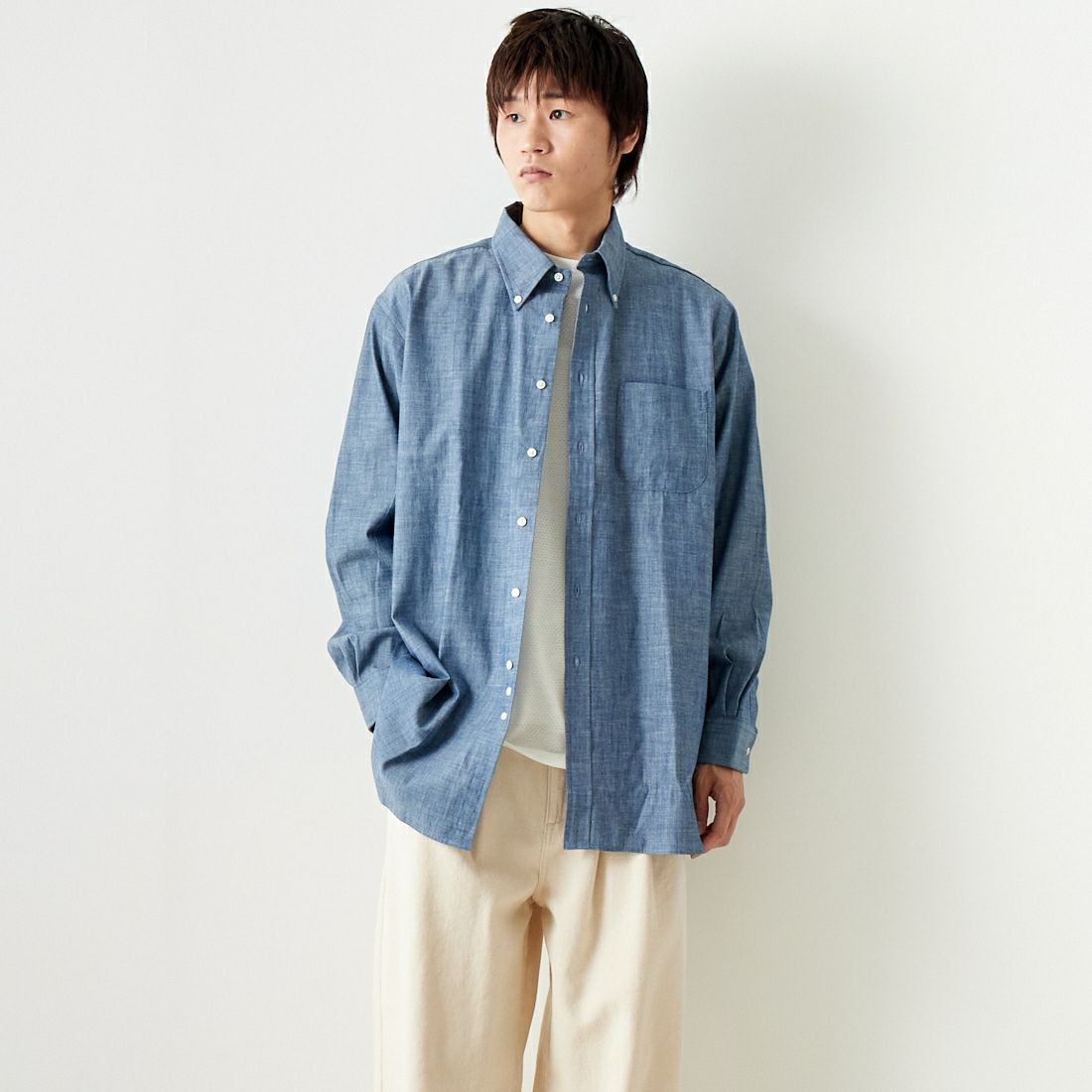 INDIVIDUALIZED SHIRTS [インディビジュアライズド シャツ] 別注 デニムツイルシャツ [IS200016000-M-JF] S22NTO-L &&モデル身長：182cm 着用サイズ：16H&&