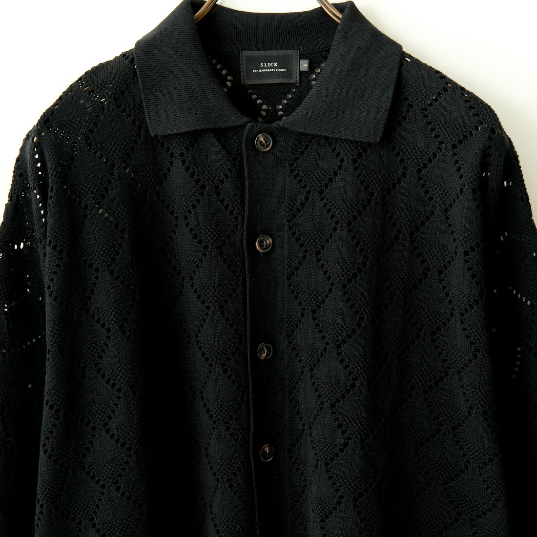 SLICK [スリック] ハイツイストパターンメッシュ ニットポロカーディガン [5266736] 700 BLACK