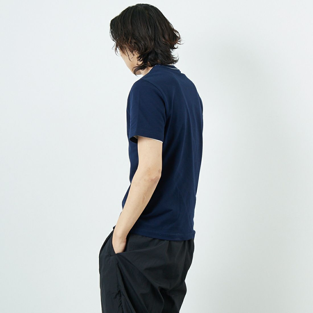 LACOSTE [ラコステ] ラインドリブネック鹿の子地Tシャツ [TH1004] 166 NAVY &&モデル身長：179cm 着用サイズ：3&&