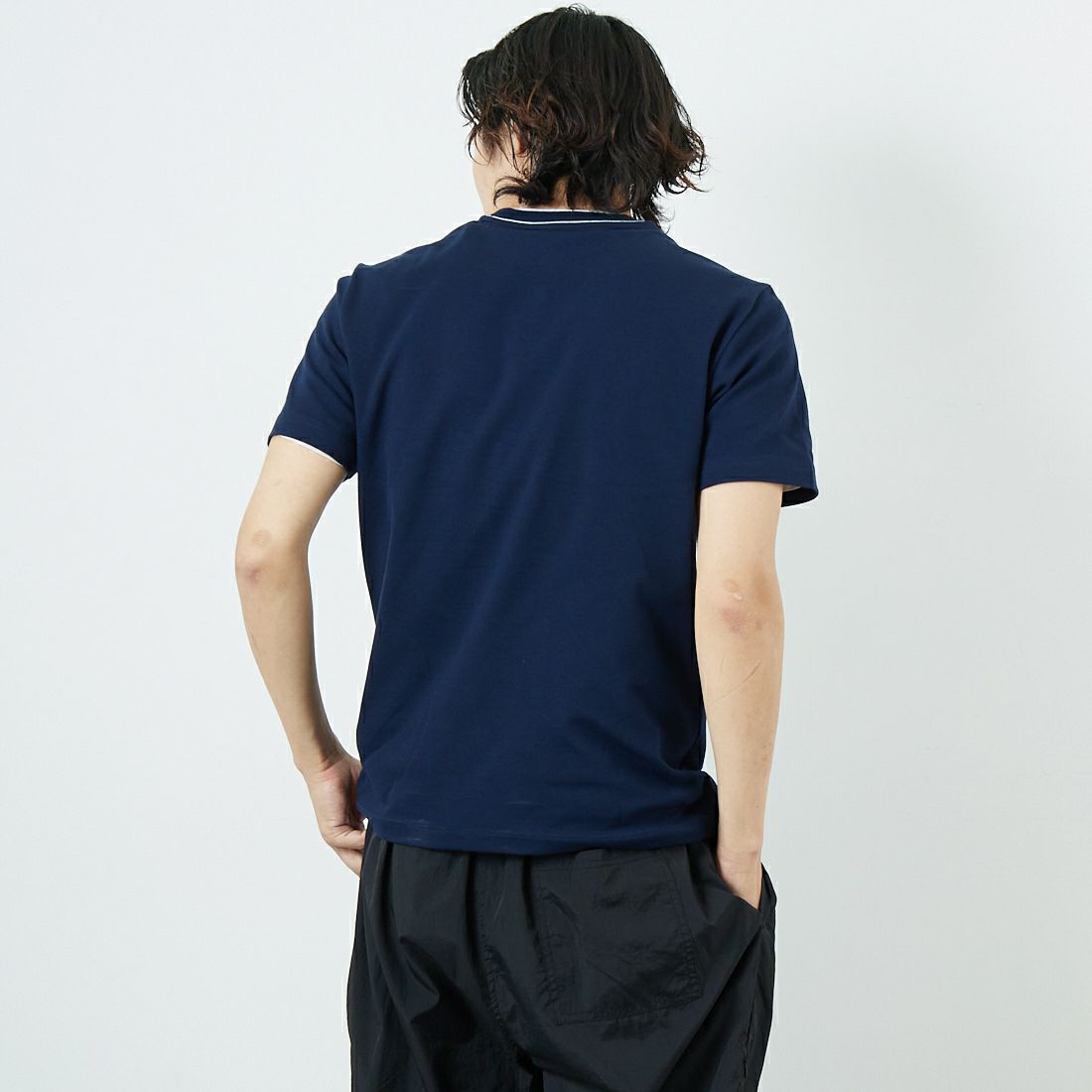 LACOSTE [ラコステ] ラインドリブネック鹿の子地Tシャツ [TH1004] 166 NAVY &&モデル身長：179cm 着用サイズ：3&&