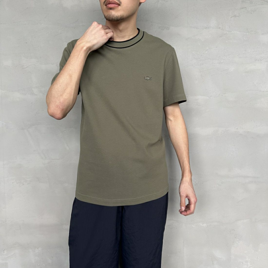 LACOSTE [ラコステ] ラインドリブネック鹿の子地Tシャツ [TH1004] 166 NAVY