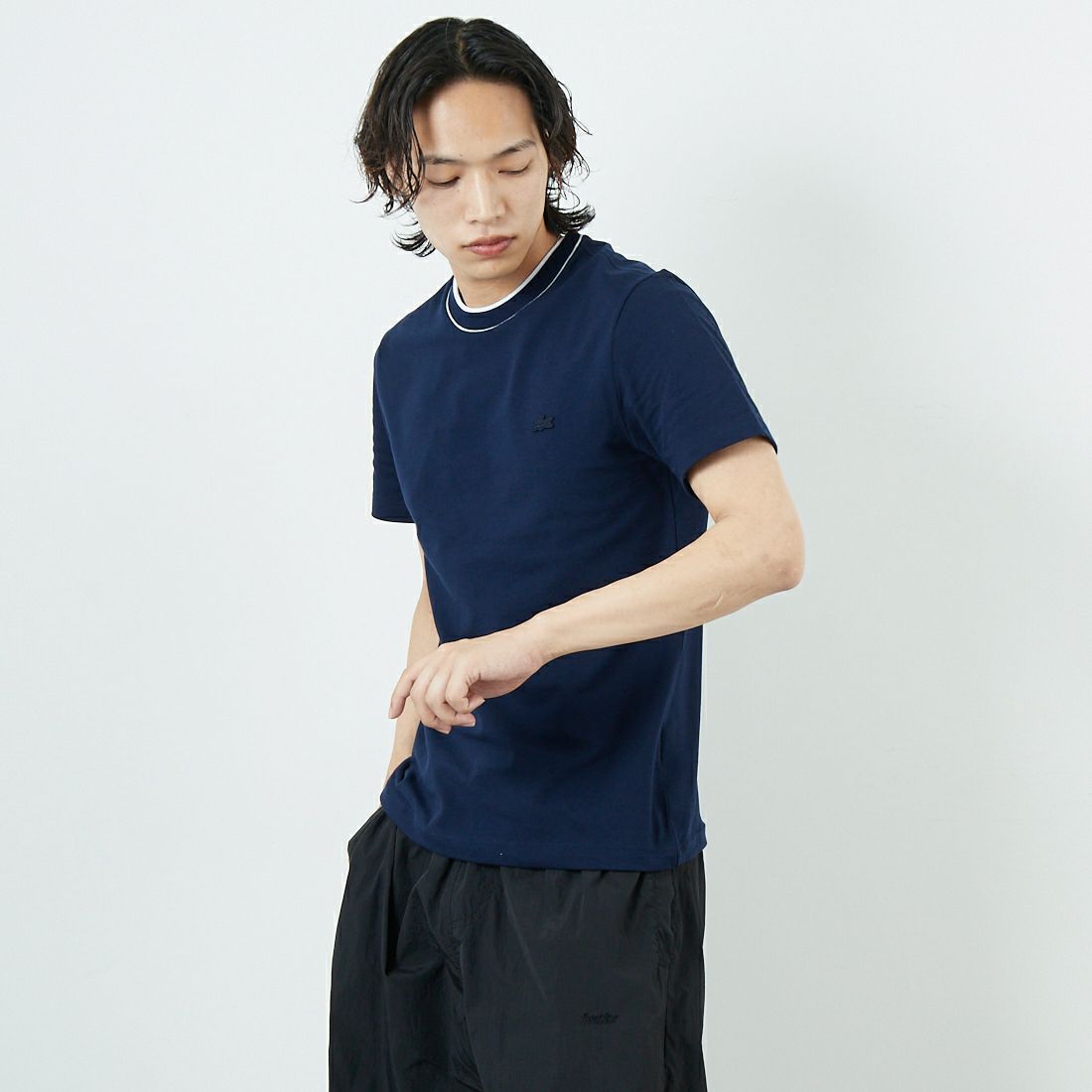 LACOSTE [ラコステ] ラインドリブネック鹿の子地Tシャツ [TH1004] 166 NAVY &&モデル身長：179cm 着用サイズ：3&&