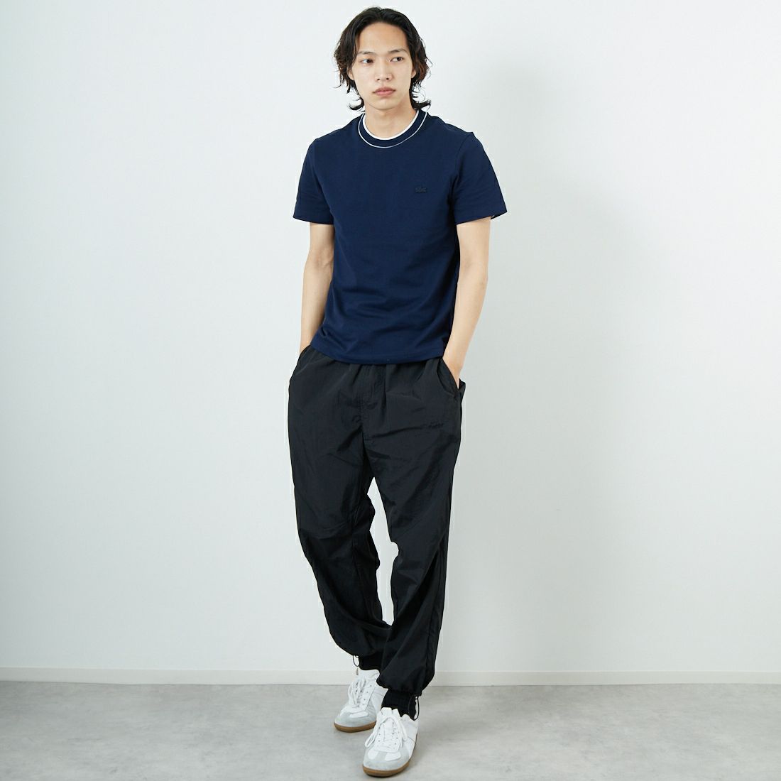 LACOSTE [ラコステ] ラインドリブネック鹿の子地Tシャツ [TH1004] 166 NAVY &&モデル身長：179cm 着用サイズ：3&&