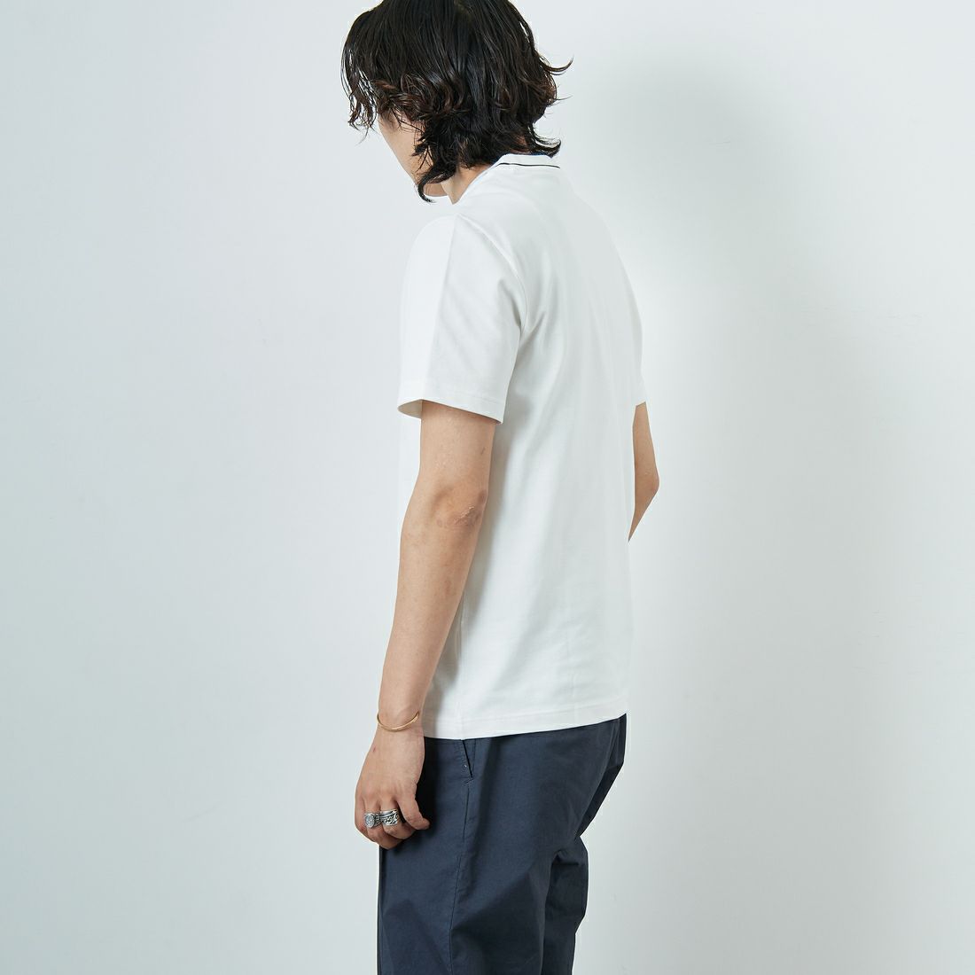 LACOSTE [ラコステ] ラインドリブネック鹿の子地Tシャツ [TH1004] 70V WHITE &&モデル身長：179cm 着用サイズ：4&&
