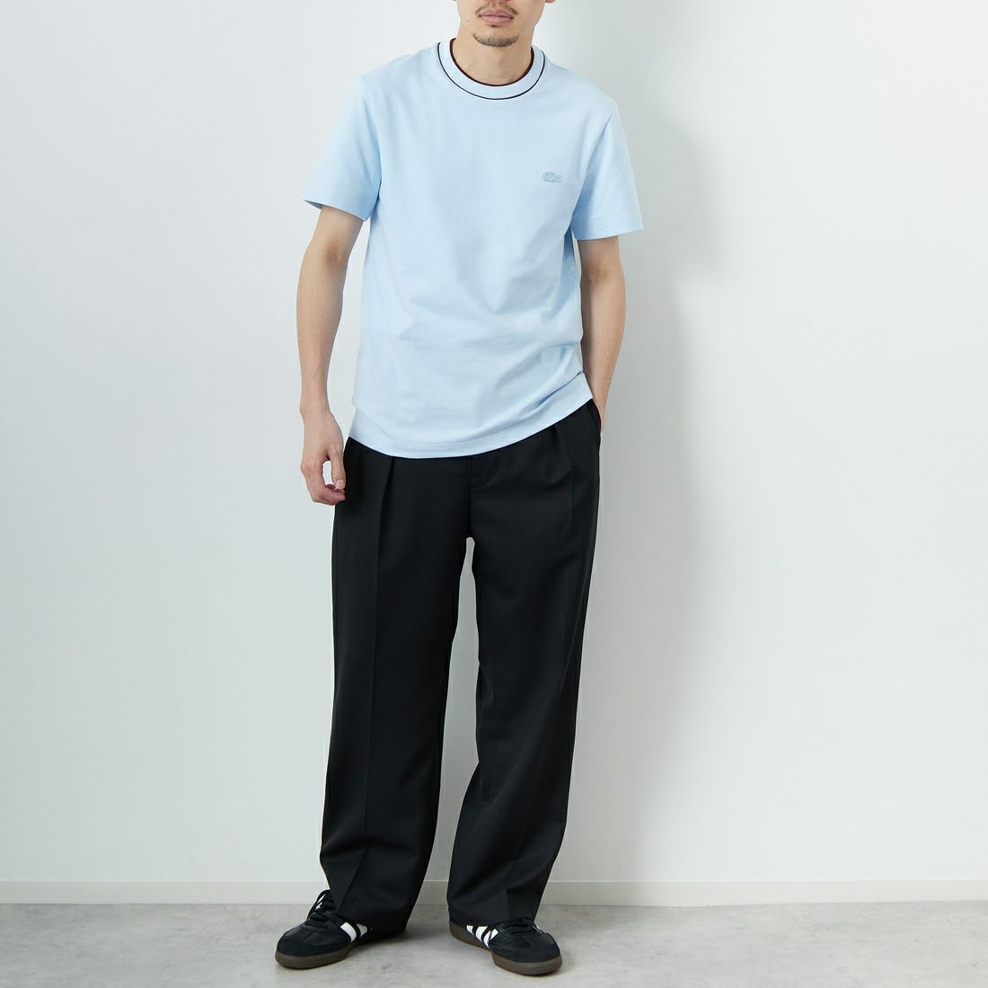 LACOSTE [ラコステ] ラインドリブネック鹿の子地Tシャツ [TH1004] T01 SAX &&モデル身長：168cm 着用サイズ：3&&