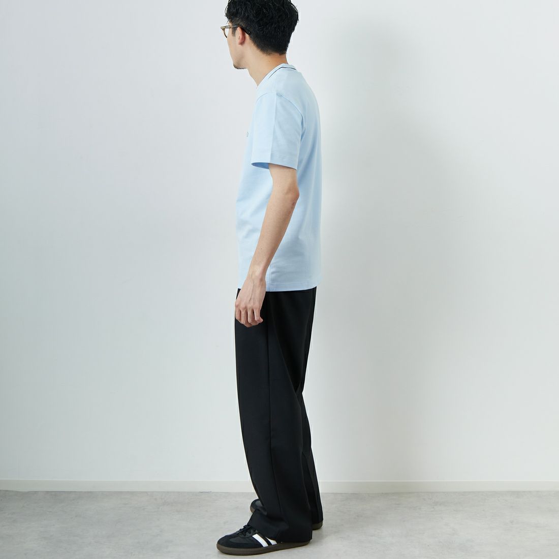 LACOSTE [ラコステ] ラインドリブネック鹿の子地Tシャツ [TH1004] T01 SAX &&モデル身長：168cm 着用サイズ：3&&