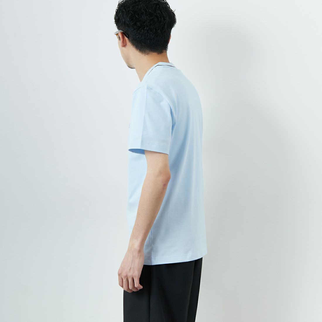 LACOSTE [ラコステ] ラインドリブネック鹿の子地Tシャツ [TH1004] T01 SAX &&モデル身長：168cm 着用サイズ：3&&