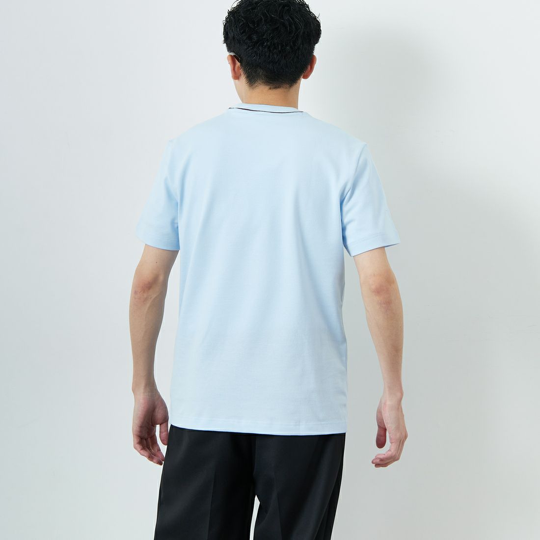 LACOSTE [ラコステ] ラインドリブネック鹿の子地Tシャツ [TH1004] T01 SAX &&モデル身長：168cm 着用サイズ：3&&