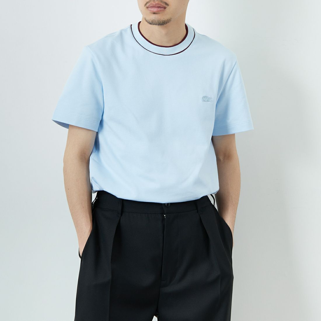LACOSTE [ラコステ] ラインドリブネック鹿の子地Tシャツ [TH1004] T01 SAX &&モデル身長：168cm 着用サイズ：3&&